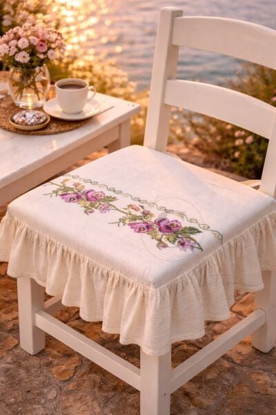 Romantik Ege MOR GÜL KANAVİÇE Nakışlı Fırfırlı Sandalye Minderi