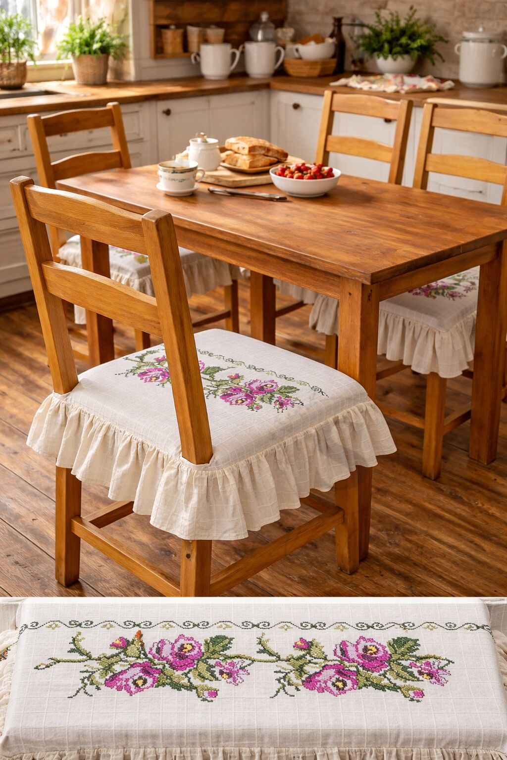 Romantik Ege MOR GÜL KANAVİÇE Nakışlı Fırfırlı Sandalye Minderi