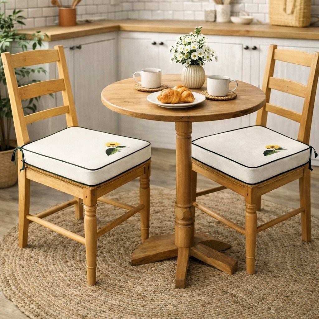 Ayçiçeği Nakışlı Sandalye Minderi 40x40x5 cm Panama Keten 5 cm Süngerli Özel Tasarım