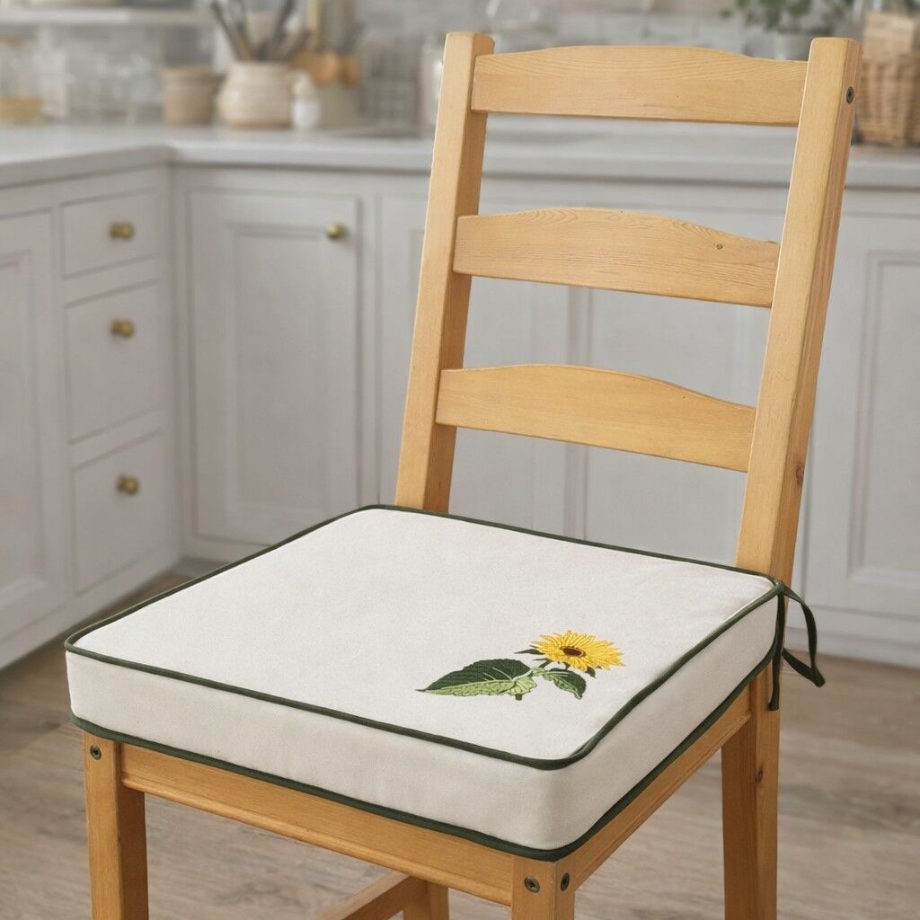 Ayçiçeği Nakışlı Sandalye Minderi 40x40x5 cm Panama Keten 5 cm Süngerli Özel Tasarım