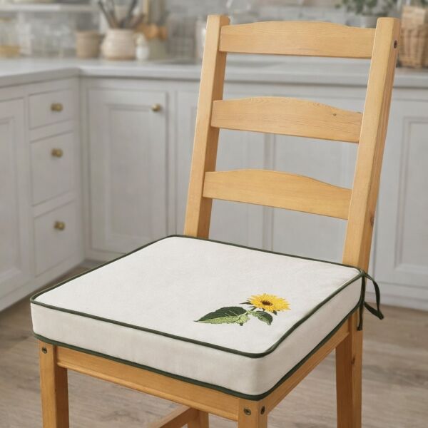 Ayçiçeği Nakışlı Sandalye Minderi 40x40x5 cm Panama Keten 5 cm Süngerli Özel Tasarım