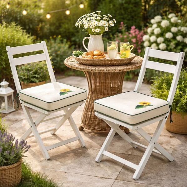 Ayçiçeği Nakışlı Sandalye Minderi 40x40x5 cm Panama Keten 5 cm Süngerli Özel Tasarım