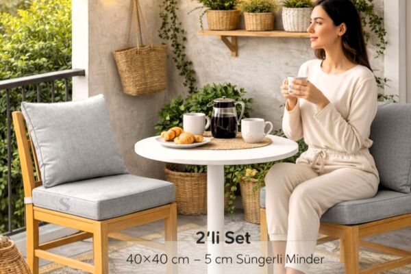 GRİ Fermuarlı Sırt Kırlentli 2 'Lİ Sandalye Minder Seti – 5 cm Süngerli, Su İtici