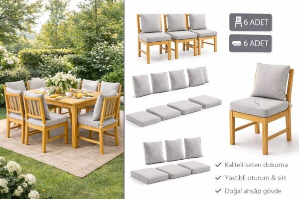 GRİ Fermuarlı Sırt Kırlentli 6 'Lİ Sandalye Minder Seti – 5 cm Süngerli, Su İtici