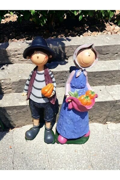 Kabak Tutan Kadın Adam Çiftçi Aile Heykeli  Mavi