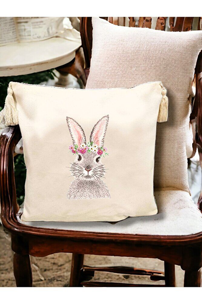 Çiçekli Tavşan Nakiş İşlemeli Yastik Kilifi & Kirlent