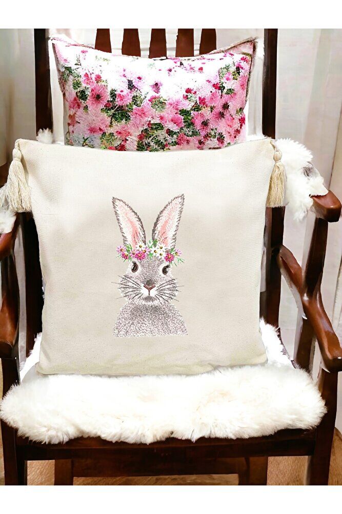 Çiçekli Tavşan Nakiş İşlemeli Yastik Kilifi & Kirlent