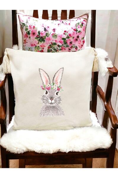 Çiçekli Tavşan Nakiş İşlemeli Yastik Kilifi & Kirlent