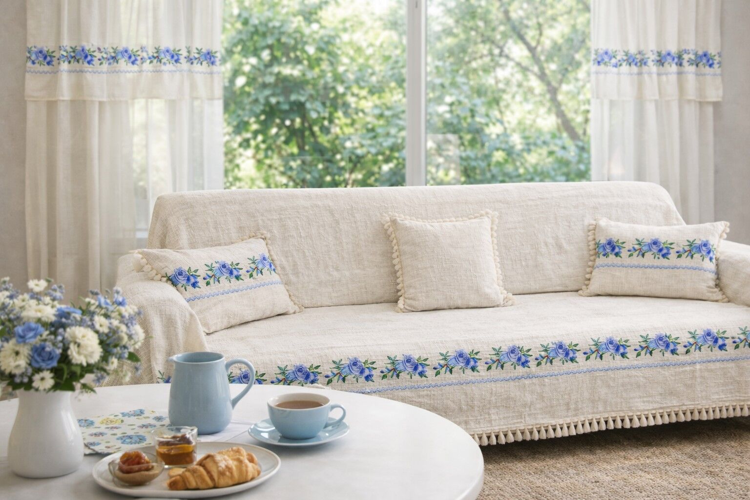 GÜL Kanaviçeli Koltuk Örtüsü 350x180 ( 2 KIRLENT KILIFI HEDIYELI) mavi