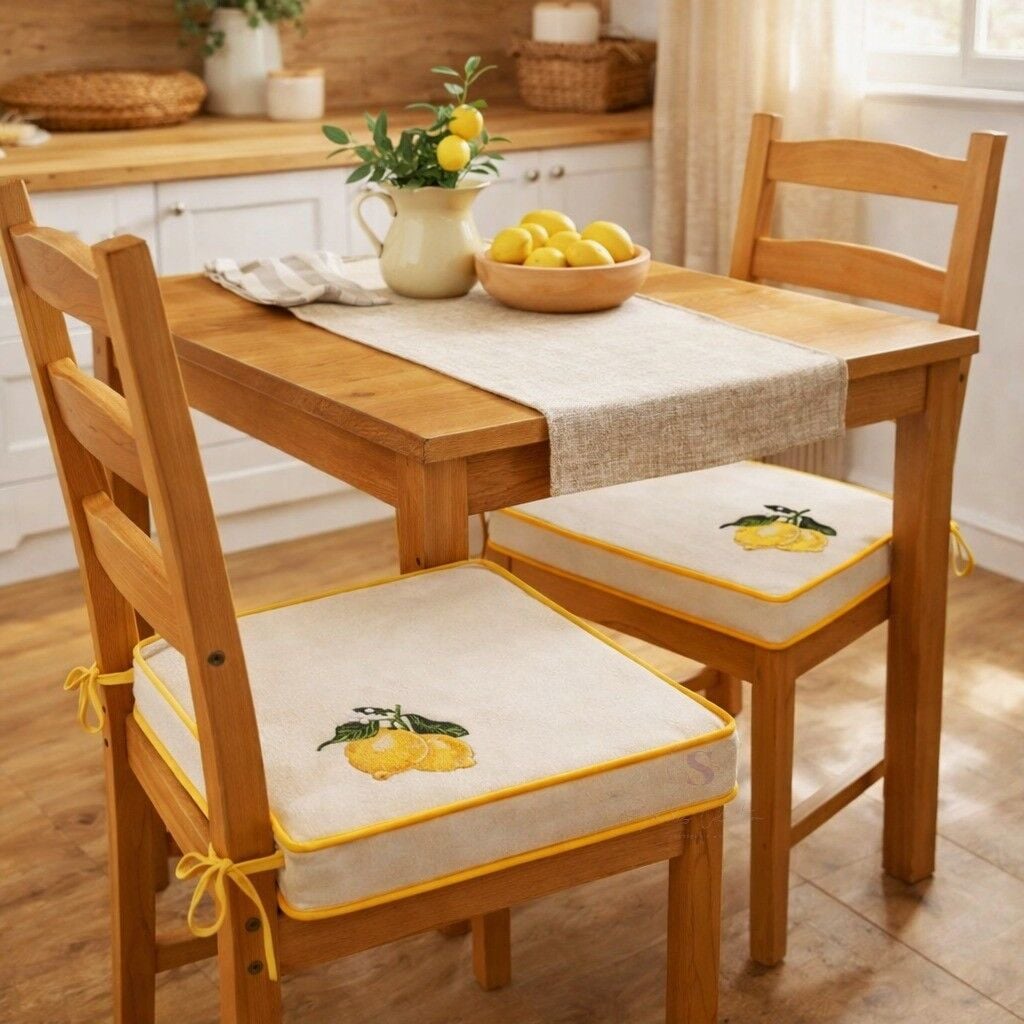 Limon Nakışlı Sandalye Minderi 40x40x5 cm Panama Keten 5 cm Süngerli Özel Tasarım