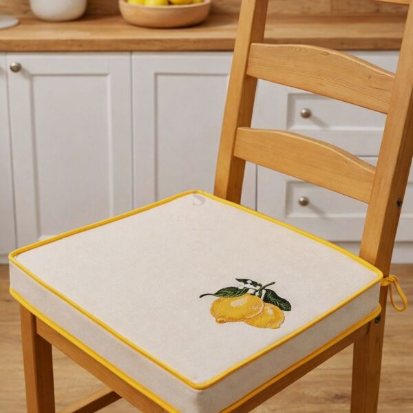 Limon Nakışlı Sandalye Minderi 40x40x5 cm Panama Keten 5 cm Süngerli Özel Tasarım