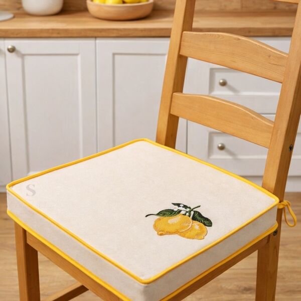 Limon Nakışlı Sandalye Minderi 40x40x5 cm Panama Keten 5 cm Süngerli Özel Tasarım