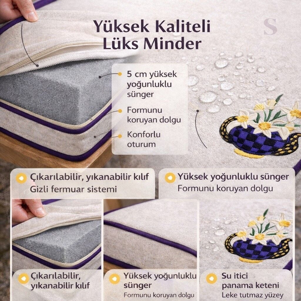 Nergis Çiçekli Nakışlı Sandalye Minderi 40x40x5 cm Panama Keten 5 cm Süngerli Özel Tasarım