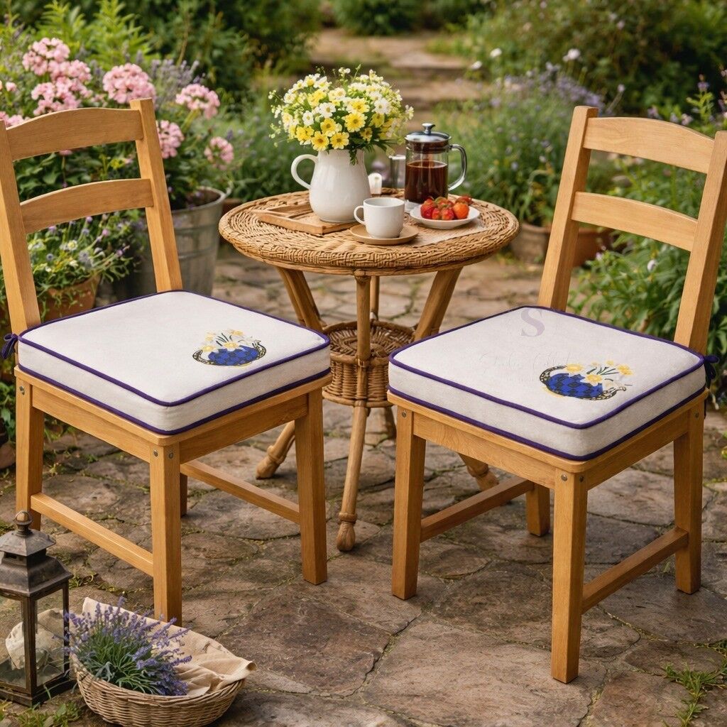 Nergis Çiçekli Nakışlı Sandalye Minderi 40x40x5 cm Panama Keten 5 cm Süngerli Özel Tasarım