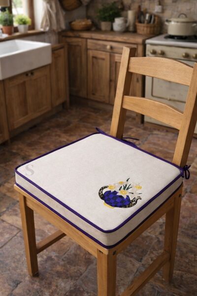 Nergis Çiçekli Nakışlı Sandalye Minderi 40x40x5 cm Panama Keten 5 cm Süngerli Özel Tasarım