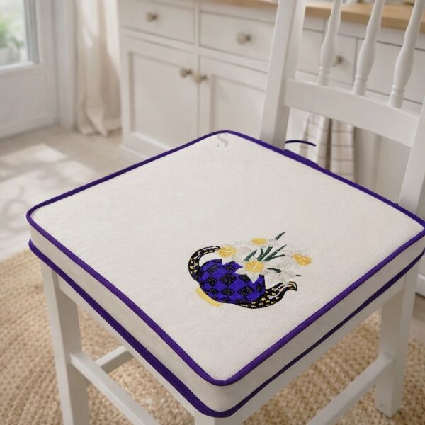 Nergis Çiçekli Nakışlı Sandalye Minderi 40x40x5 cm Panama Keten 5 cm Süngerli Özel Tasarım