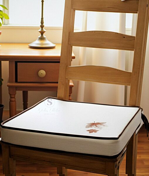 Yaprak Nakışlı Sandalye Minderi 40x40x5 cm Panama Keten 5 cm Süngerli Özel Tasarım