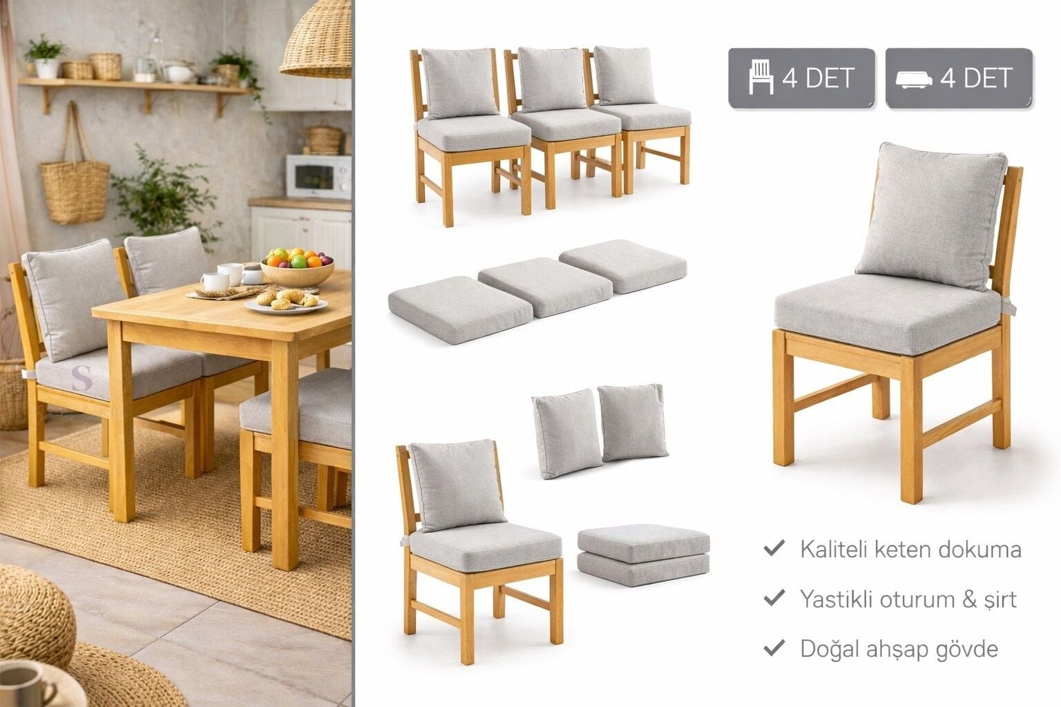 GRİ Fermuarlı Sırt Kırlentli 4’lü Sandalye Minder Seti – 5 cm Süngerli, Su İtici