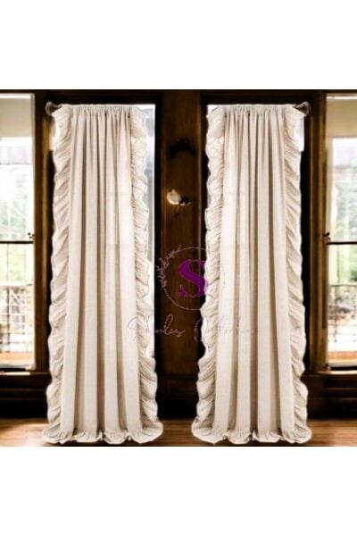 CİFT TARAFLI FIRFIRLI Naturel Vintage Pamuk Keten Perde (EN X BOY) - Tek Kanat - Pilesiz 150 x 200 - naturel