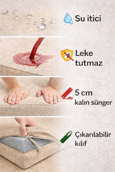 BEJ Fermuarlı Sırt Kırlentli 6 'Lİ Sandalye Minder Seti – 5 cm Süngerli, Su İtici