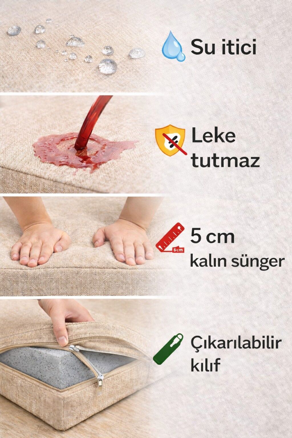 BEJ Fermuarlı Sırt Kırlentli 2 'Lİ Sandalye Minder Seti – 5 cm Süngerli, Su İtici
