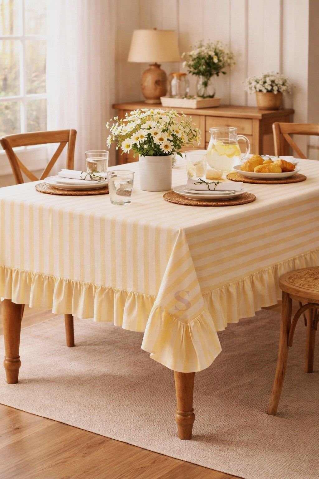 Buldan Keteni Fırfırlı Vintage Sarı çizgili Masa Örtüsü 160 x 220