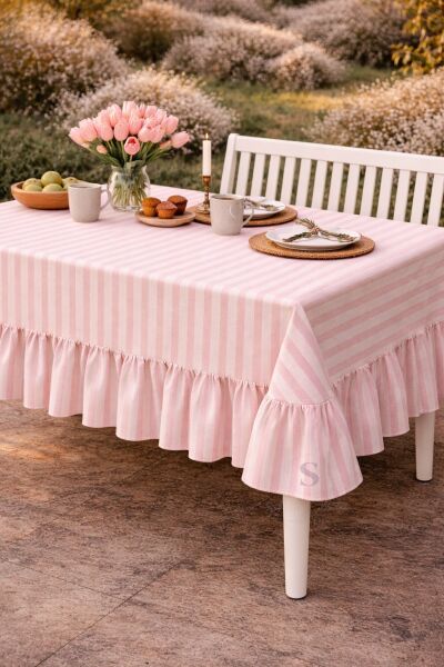 Buldan Keteni Fırfırlı Vintage Pembe çizgili Masa Örtüsü