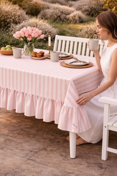 Buldan Keteni Fırfırlı Vintage Pembe çizgili Masa Örtüsü