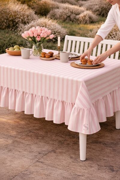 Buldan Keteni Fırfırlı Vintage Pembe çizgili Masa Örtüsü 140 x 200