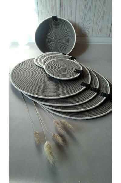 Amerikan Servisi Gri Renk & Supla Seti ( Bardak Altligi + Ekmek Sepeti ) 6