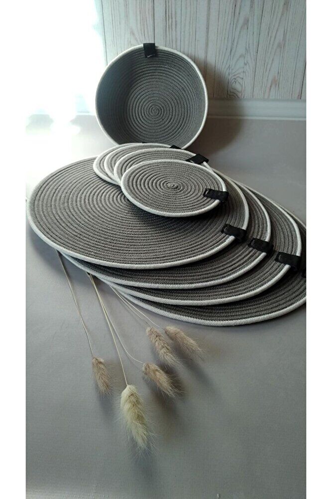 Amerikan Servisi Gri Renk & Supla Seti ( Bardak Altligi + Ekmek Sepeti ) 4