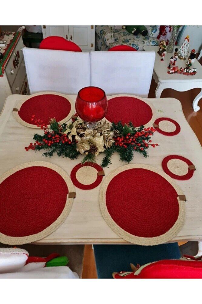 Amerikan Servisi Kırmızı Renk & Supla Seti ( Bardak Altligi + Ekmek Sepeti ) 6