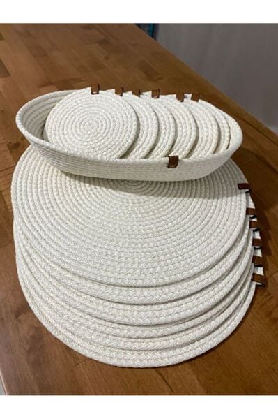 Amerikan Servisi Ekru Renk & Supla Seti ( Bardak Altligi + Ekmek Sepeti ) 6