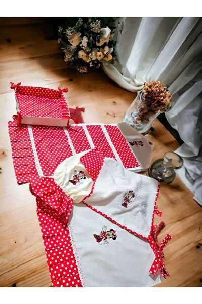 Minnie Nakışlı ,Dertsiz Kumaş,Pileli, 5'li Set(FIRIN ÖRTÜSÜ, ORGANİZER, EKMEKLİK, HAVLU,POSETLİK)