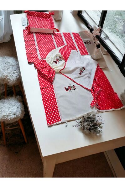 Minnie Nakışlı ,Dertsiz Kumaş,Pileli, 5'li Set(FIRIN ÖRTÜSÜ, ORGANİZER, EKMEKLİK, HAVLU,POSETLİK)