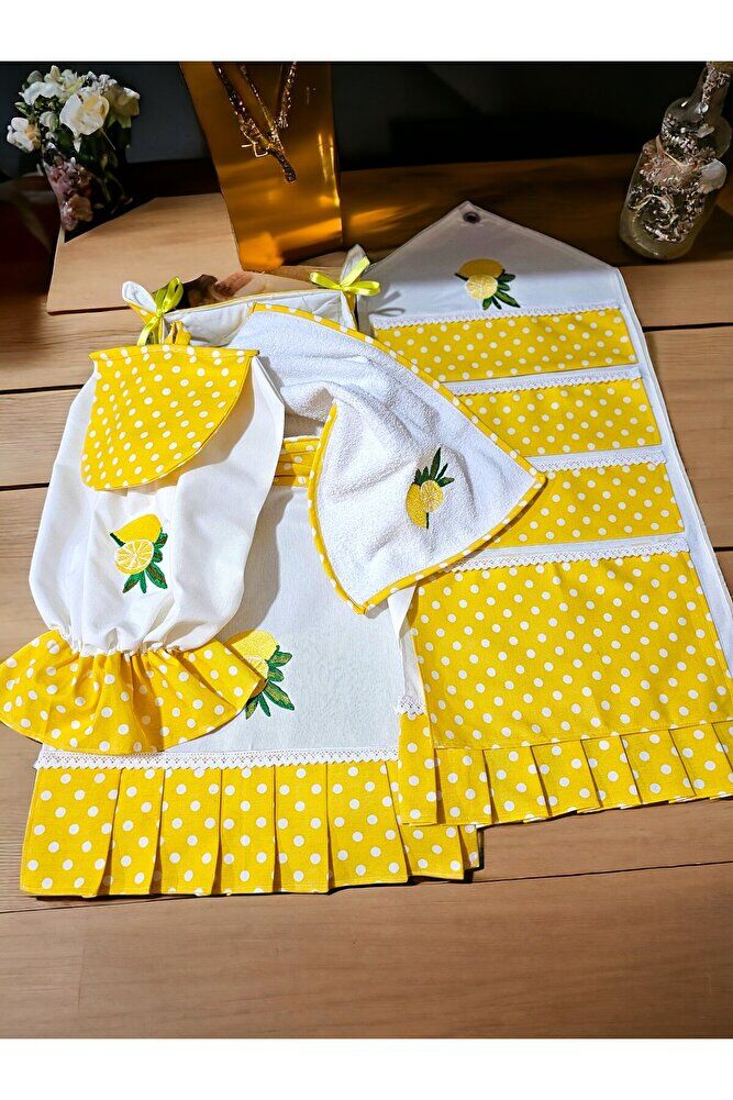 Limom Nakışlı ,Dertsiz Kumaş,Pileli, 5'li Set(FIRIN ÖRTÜSÜ, ORGANİZER, EKMEKLİK, HAVLU,POSETLİK)