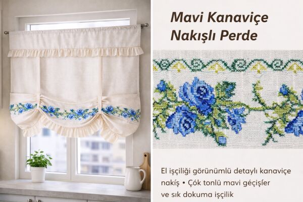 Bağlama Detaylı Romantik Ege MAVİ GÜL KANAVİÇE Nakışlı Buldan Keten Perde (%100 Pamuk buldan kumaşı) 100 x150