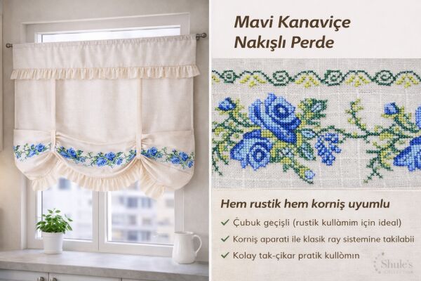 Bağlama Detaylı Romantik Ege MAVİ GÜL KANAVİÇE Nakışlı Buldan Keten Perde (%100 Pamuk buldan kumaşı) 120x150