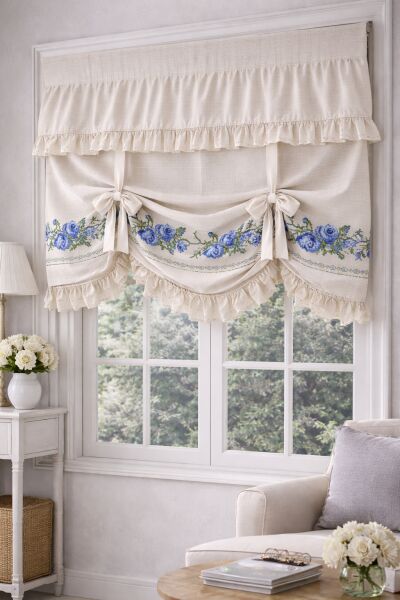 Bağlama Detaylı Romantik Ege MAVİ GÜL KANAVİÇE Nakışlı Buldan Keten Perde (%100 Pamuk buldan kumaşı) 200x150