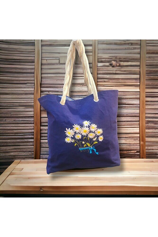 Nakiş İşlemeli? Papatya Demeti? Laci?vert Çanta