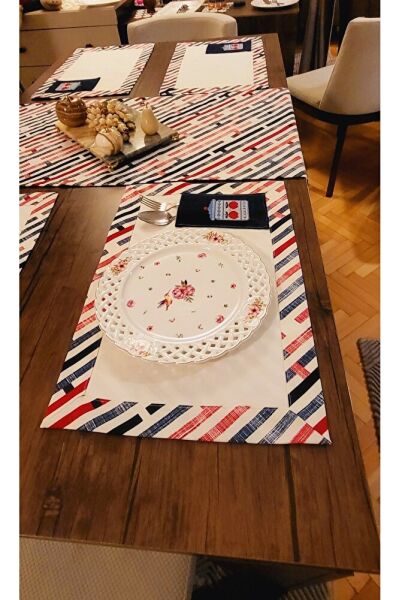 Mavi? Kirmizi Çi?zgi?li? Nakiş Islemeli Ameri?kan Servi?s Sunum Takımı