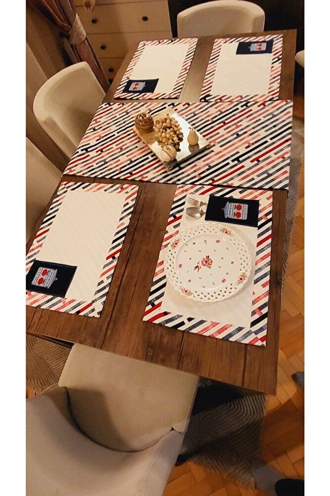 Mavi? Kirmizi Çi?zgi?li? Nakiş Islemeli Ameri?kan Servi?s Sunum Takımı