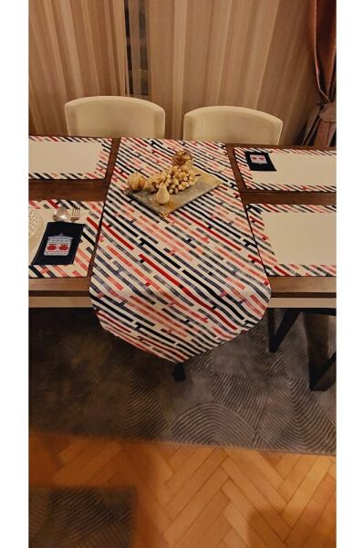 Mavi? Kirmizi Çi?zgi?li? Nakiş Islemeli Ameri?kan Servi?s Sunum Takımı